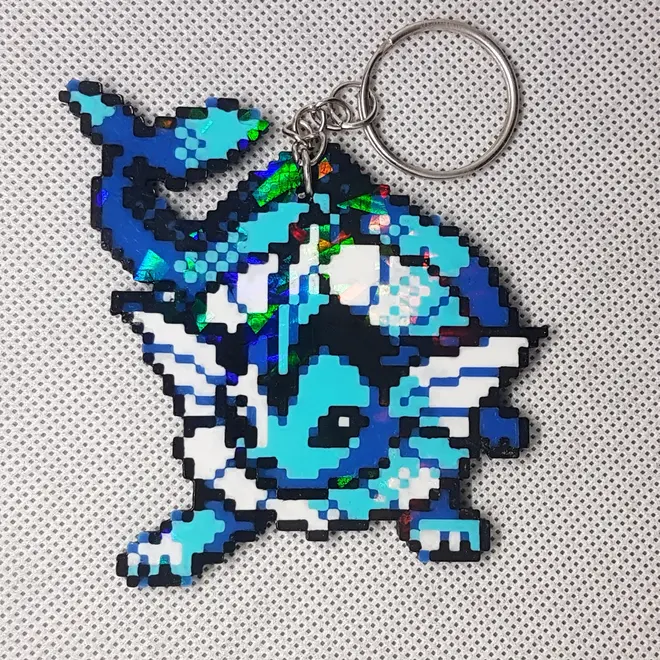 Vaporeon Pixel Art Holographic Keychain